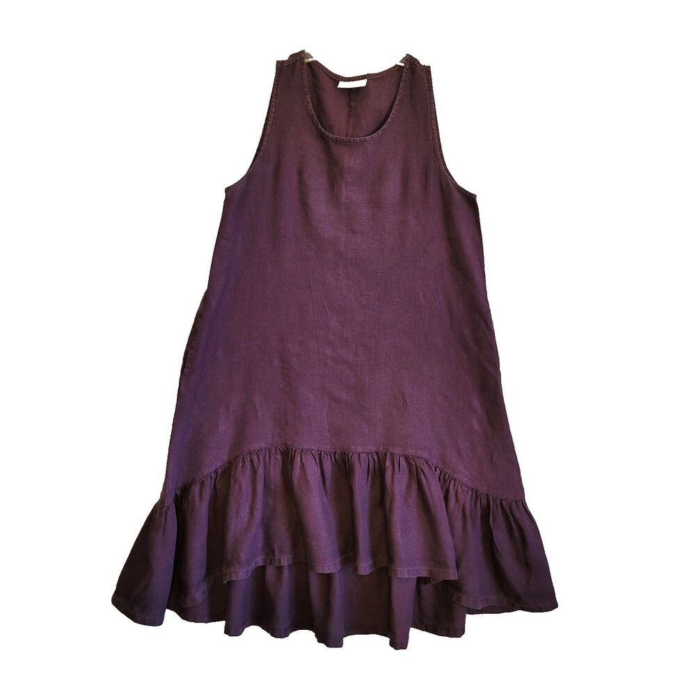 Bryn Walker Linen Dress Small Maroon Lagenlook  Boho Tiered Ruffle Made USA